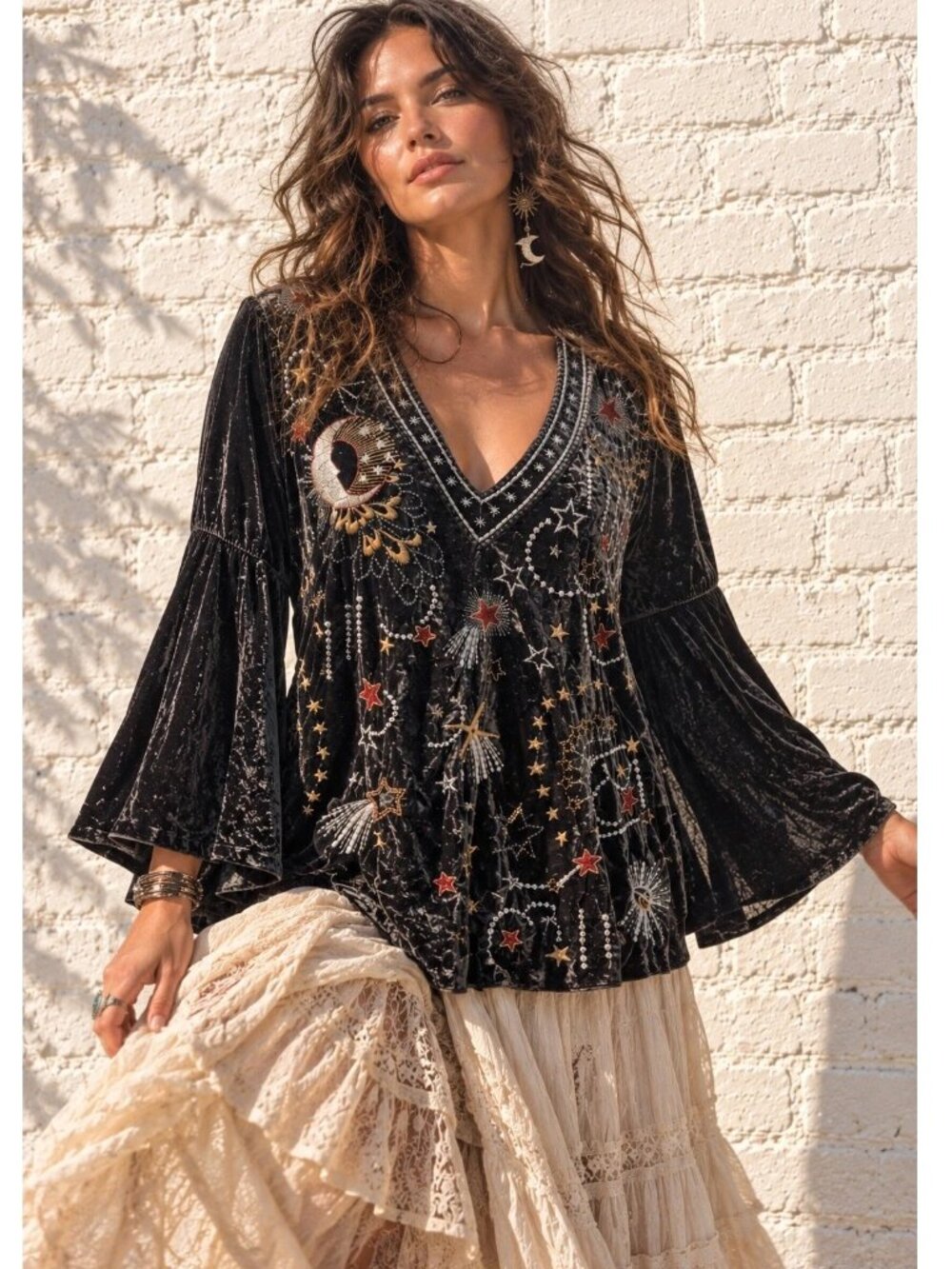 Johnny Was Velvet Callisto Top Celestial Moon Stars Embroidered, Gray, Small
